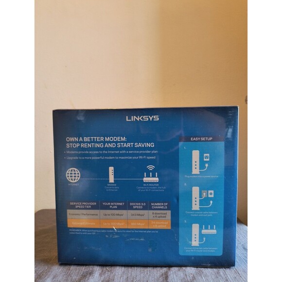 Linksys DOCSIS 3.0 24x8 Cable Modem CM3024 with Coax Cable New In Box - Picture 2 of 6